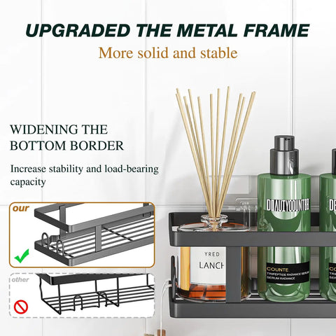 Close-up of Adhesive Shower Caddy 3 Pack With Two Shelves, Soap Holder And 12 Hooks For Tidy Bathrooms, showing sturdy metal frame.
