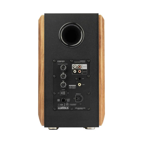 Rear view of S1000MKII Audiophile Active Bookshelf Speakers 2.0 showing input connections, wood panel, 120W Class D Amplifier.