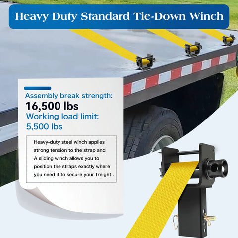 Heavy Duty Flatbed Stake Pocket Winch Set 4 Pack, 16200 Lb Capacity With 5400 Lb Load Limit, Rugged Corrosion Resistant Steel, Black Powder Coat, Built For Secure No Fuss Tie Downs On Flatbed Trucks, black tie-down winch on flatbed truck