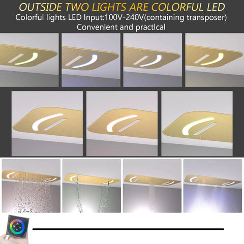 Slick 28 Inch Ceiling Rainfall Shower Panel With Bright Led Display And Six Dual Mode Body Jets complete brushed gold bathware kit with colorful LED lights