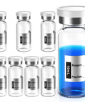 Biomed Solutions empty sterile 10mL borosilicate glass vials with butyl rubber stoppers and flip-top closures; eight vials and blue reagent bottle