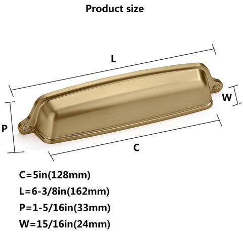 Slick And Badass 10 Pack 5 Inch 128 Millimeter Hole Center Brushed Brass Cup Pulls For Kitchens Drawers Cabinets Closets Top Shelf Cabinet Hardware With A Dope Brushed Gold Finish That Really Gets The Job Done. Product size visual with dimensions labeled.