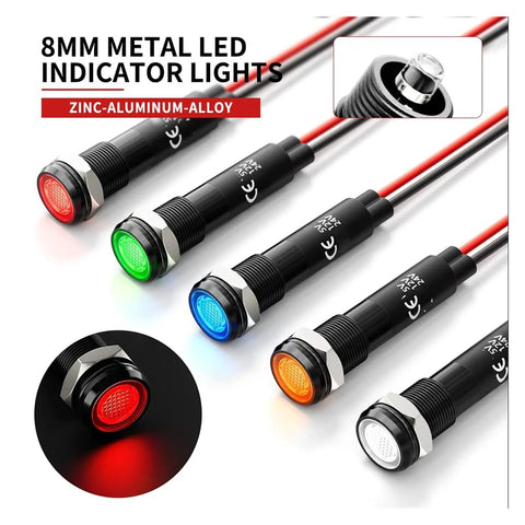 Five Pack 8mm LED Flat Head Metal Indicator Lights Prewired 5 to 24V IP65 Waterproof Rugged Panel Indicators For Auto Dashboards Industrial Equipment And Outdoor Gear, red, green, blue, amber, white