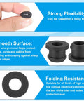 Hand holding silicone grommet with text highlighting flexibility, smooth surface, and folding resistance for cable protection.