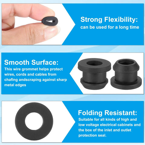 Hand holding silicone grommet with text highlighting flexibility, smooth surface, and folding resistance for cable protection.