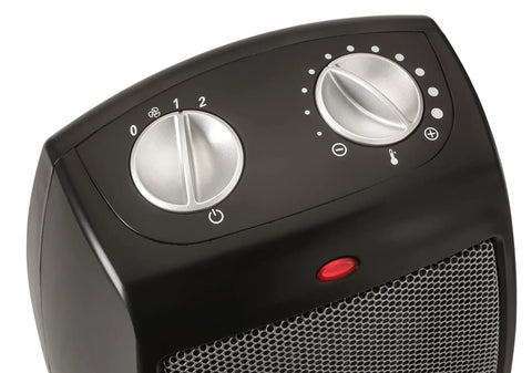 Top view of Compact Ceramic Space Heater CD09250 With Adjustable Thermostat showing control knobs for quiet high low and fan settings.