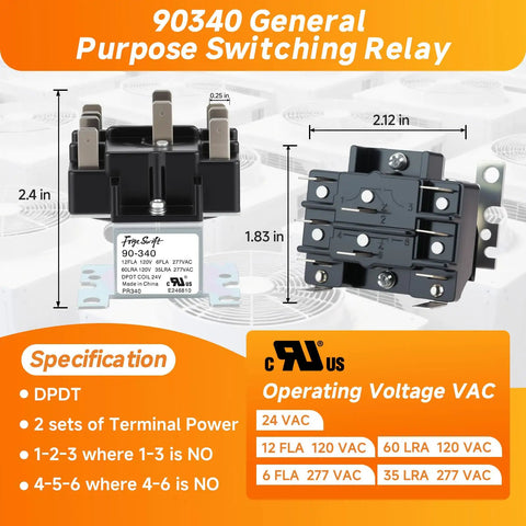 General Purpose Switching Relay With 24 VAC Control Coil DPDT For HVAC, front and side view with specifications label
