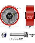 Heavy Duty Five Inch By Two Inch Polyurethane On Cast Iron Wheel With One Half Inch Bore Axle, side and front views, dimensions shown