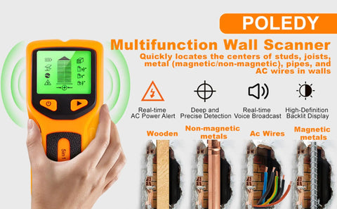 No Sweat 5 In 1 Handheld Stud Finder And Wall Scanner With Auto Calibrating Sensor Sharp Audio Alarm And Exact Center Edge Detection For Wood Studs Metal Beams Live Ac Electrical Wires And Water Pipes Behind Drywall For Quick Diy Fixups