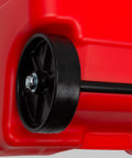 Close-up of Flo N Go 14 Gallon Gas Caddy On Wheels With 53 Liter Portable Fuel Tank showing a black wheel on red tank