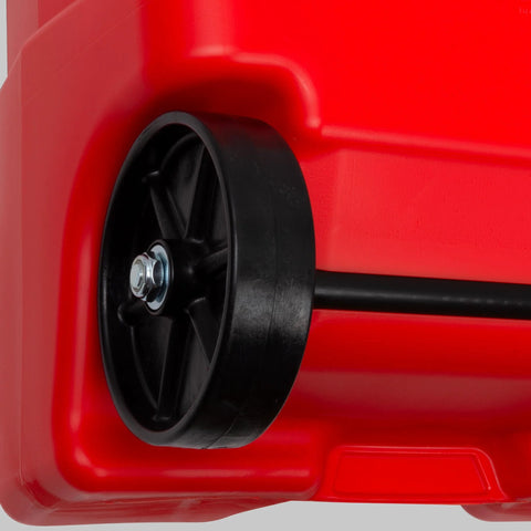 Close-up of Flo N Go 14 Gallon Gas Caddy On Wheels With 53 Liter Portable Fuel Tank showing a black wheel on red tank