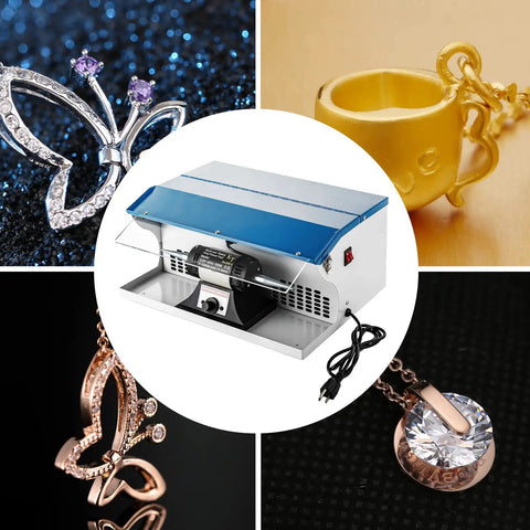200W Jewelry Polishing Machine Desktop Buffing Tool With Light 110V 0 To 10000 RPM shown alongside polished metal jewelry pieces