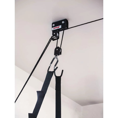 Easy Garage Storage Hoist For Kayaks Canoes Bikes And Ladders One Person Lift System With Pulleys Hooks Brackets Hardware 50 Ft Rope Saddle Straps 120 Lb Capacity Black ceiling pulley and strap close-up