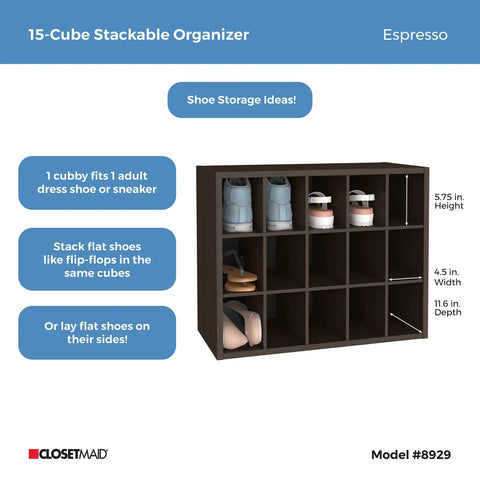 Front view of 15 Cube Stackable Storage Organizer for Shoes Bags Crafts and More with wood shelves, espresso finish displays shoes
