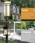 Comparison of heavy duty aluminum outdoor post light with frosted glass shade and rust-prone metal lamp post.
