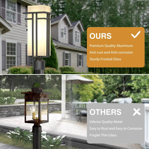 Comparison of heavy duty aluminum outdoor post light with frosted glass shade and rust-prone metal lamp post.