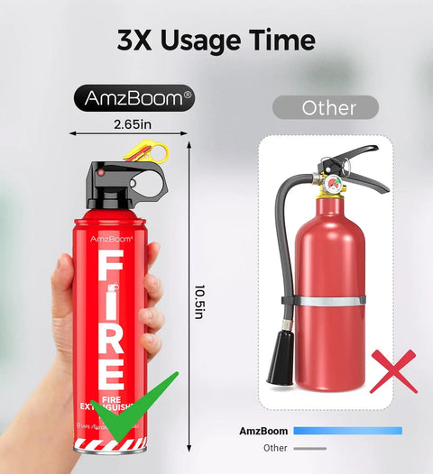 Front view of AmzBoom Two Pack Fire Extinguishers For Home Kitchen Car And Grill With Mounting Brackets Easy Press Aim Spray 8 In 1 Fire Safety ABC K Eco Friendly Reignition Prevention Quick Access