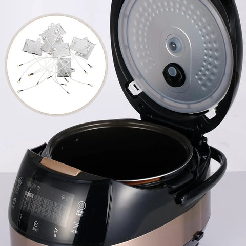 Rice Cooker Temperature Control Plate Replacement Set For Electric Cookers, 12 Piece Iron Plate With Silver Finish, shown installed in a rice cooker lid