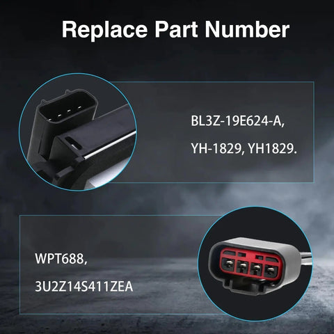 Close-up of HVAC Blower Motor Resistor Kit With WPT688 Connector Wire Harness showing part numbers BL3Z-19E624-A and YH-1829.