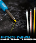 Mechanical Carpenter Pencil Set Built Tough For Construction Pros with visible yellow lead marking on dark surface