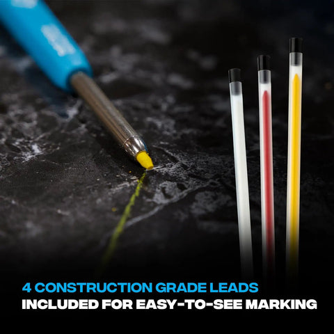 Mechanical Carpenter Pencil Set Built Tough For Construction Pros with visible yellow lead marking on dark surface