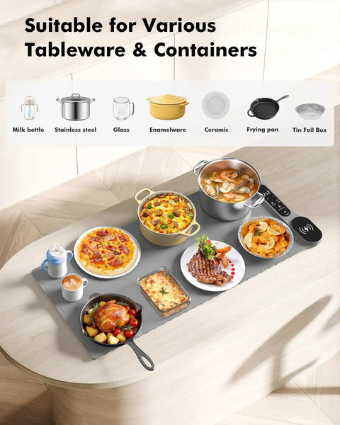 Roll Up Food Warmer Mat With 15W Wireless Charger And Quick Heat, displaying various dishes and containers, grey mat in use.
