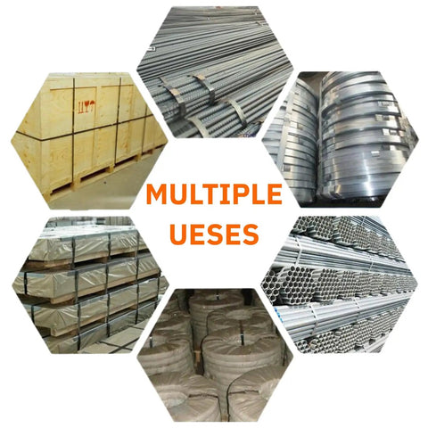 Multiple heavy duty steel bands and bundles organized for various applications with Heavy Duty Sealless Steel Strapping Tool Manual 3In1.