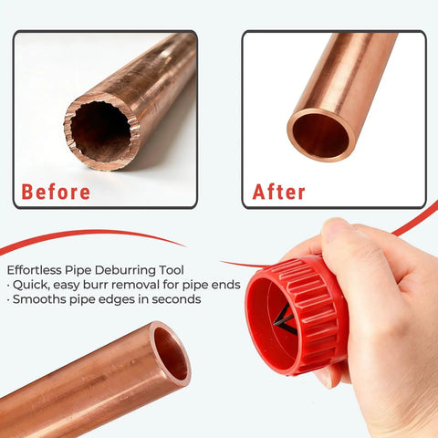 Before and after using Six Blade Deburring Reamer Tool For Pipes Three Sixteenths To One And A Half Inch on copper pipe
