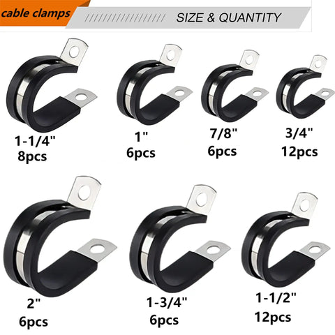 56 Piece Large Stainless Steel Rubber Coated Cushioned Insulated Cable Clamps Kit In Seven Sizes Illustration