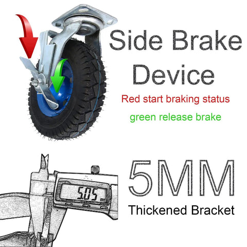 Heavy Duty Rubber Caster Wheels Set Of Four With Reliable Parking Brakes And True 360 Swivel Plates, 8in wheel with a side brake device.