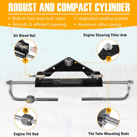 Upgrade Your Boat With A 150HP Hydraulic Outboard Steering Kit, showing robust and compact cylinder and components.