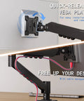 Top Shelf Single Monitor Arm Desk Mount With Ballistic Mechanical Springs For 17 To 32 Inch Screens showing quick-release VESA plate and cable management.