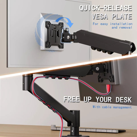 Top Shelf Single Monitor Arm Desk Mount With Ballistic Mechanical Springs For 17 To 32 Inch Screens showing quick-release VESA plate and cable management.