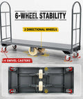 Hella Sturdy Platform Truck With 2000 Pound Capacity And Smooth Six Wheel Rolling Durable Steel Deck Material Handling Cart shown with 4 swivel casters and 2 directional wheels.