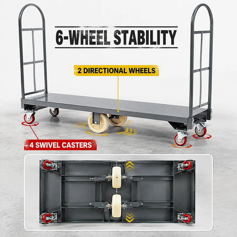 Hella Sturdy Platform Truck With 2000 Pound Capacity And Smooth Six Wheel Rolling Durable Steel Deck Material Handling Cart shown with 4 swivel casters and 2 directional wheels.