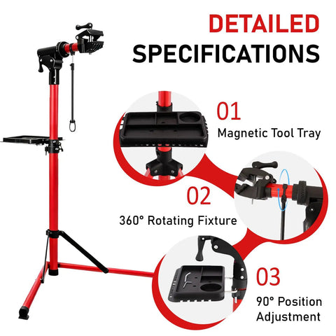 Upgraded Bike Repair Stand Pro Grade Heavy Duty Home Shop Tool with tool tray and 360° rotation, red aluminum frame