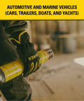 Person holding Pro Grade Closed Cell Spray Foam Insulation Kit for automotive and marine vehicles, with yellow gloves.