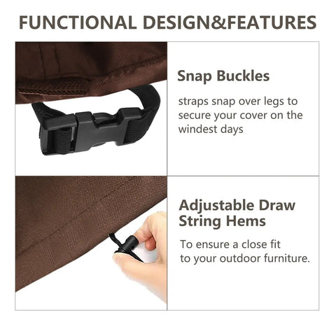 Close-up of functional design with snap buckles and adjustable drawstring hems on Outdoor Furniture Set Cover 4 Piece Heavy Duty 600D Waterproof Patio Covers For Loveseat Two Chairs And Coffee Table Beige And Brown Small Size Weatherproof Protection That Stands Up To All Weather.
