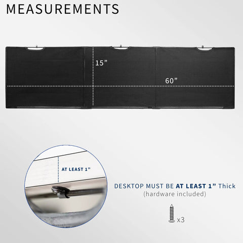 60-Inch Under Desk Privacy Panel With Cable Management Sleeve And Wire Hider Kit Black Desk Skirt System Desk-Skirt-60 shown with measurements