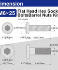 Knockout Hella Tough 304 Stainless Steel M6X25 Barrel Nuts With Flat Head Hex Socket Screws dimensions and details diagram.