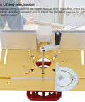 Super Rugged Stainless Steel Router Lift Kit For Woodworking Tables shows a lifting mechanism with gold surface and adjustable handle.