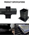 Heavy Duty 4 Way Right Corner Pergola Brackets Kit For 3.5 Inch Wood Beams And 4x4 Posts with black powder coating and steel.