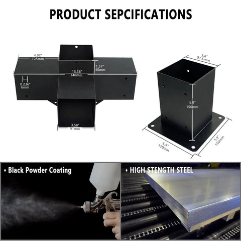 Heavy Duty 4 Way Right Corner Pergola Brackets Kit For 3.5 Inch Wood Beams And 4x4 Posts with black powder coating and steel.