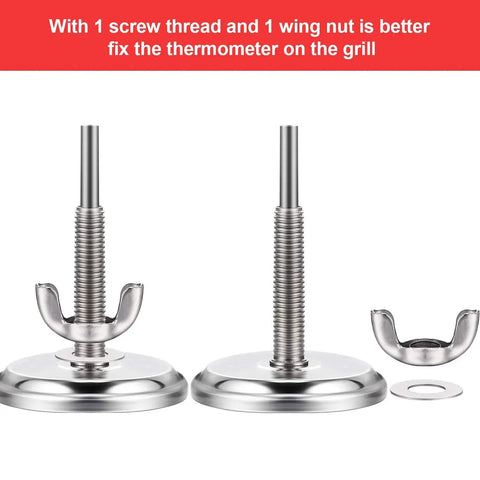 Two screw threads and wing nuts for Three Pack Charcoal Grill Temperature Gauge Thermometer With 2-3/8 Inch Dial And 2-7/8 Inch Probe.