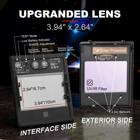 Interface and exterior view of Auto Darkening Welding Helmet with Large 3.94 by 2.64 Inch Viewing Window and four arc sensors