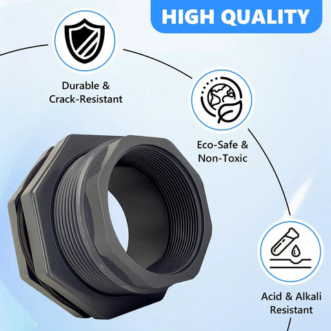 Heavy Duty Three Inch PVC Bulkhead Fitting Kit With Reinforced Seals, crack-resistant, eco-safe, and acid-resistant features shown
