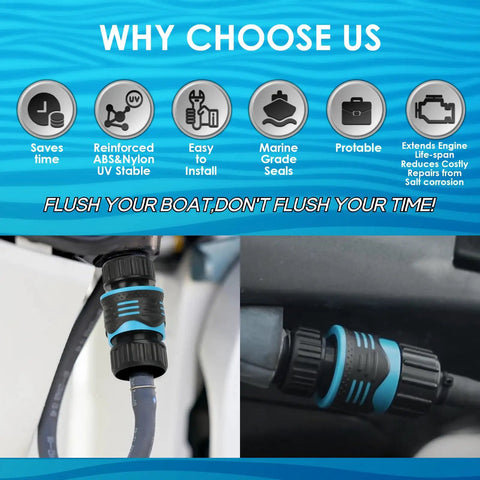 SwiftFlusher Outboard Quick Connect Flush Kit for Yamaha and Honda engines showing quick-connect port adapter.