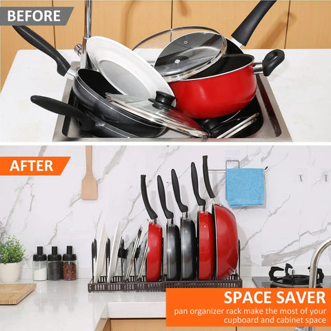 Before and after image showing Level Up Your Kitchen Setup With This Expandable Under Cabinet Pot And Pan Lid Organizer Rack crafted from solid iron.