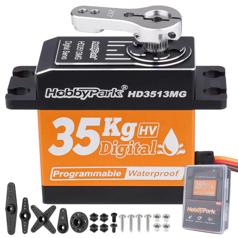 Beefy Torque Waterproof RC Servo With Metal Gears And Aluminum Case, digital programmable 180-degree control, components shown