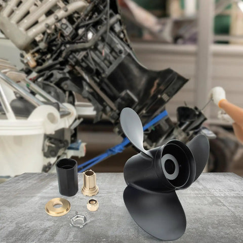 Flo Torq II Hub Kit Replacement OEM Upgrade For Mercruiser Alpha One Bravo One Mercury Mariner Outboard Drives 60 300 HP 15 Spline Propeller Installation Parts Fits Quicksilver And Other Aftermarket Props with black propeller and installation components on display.